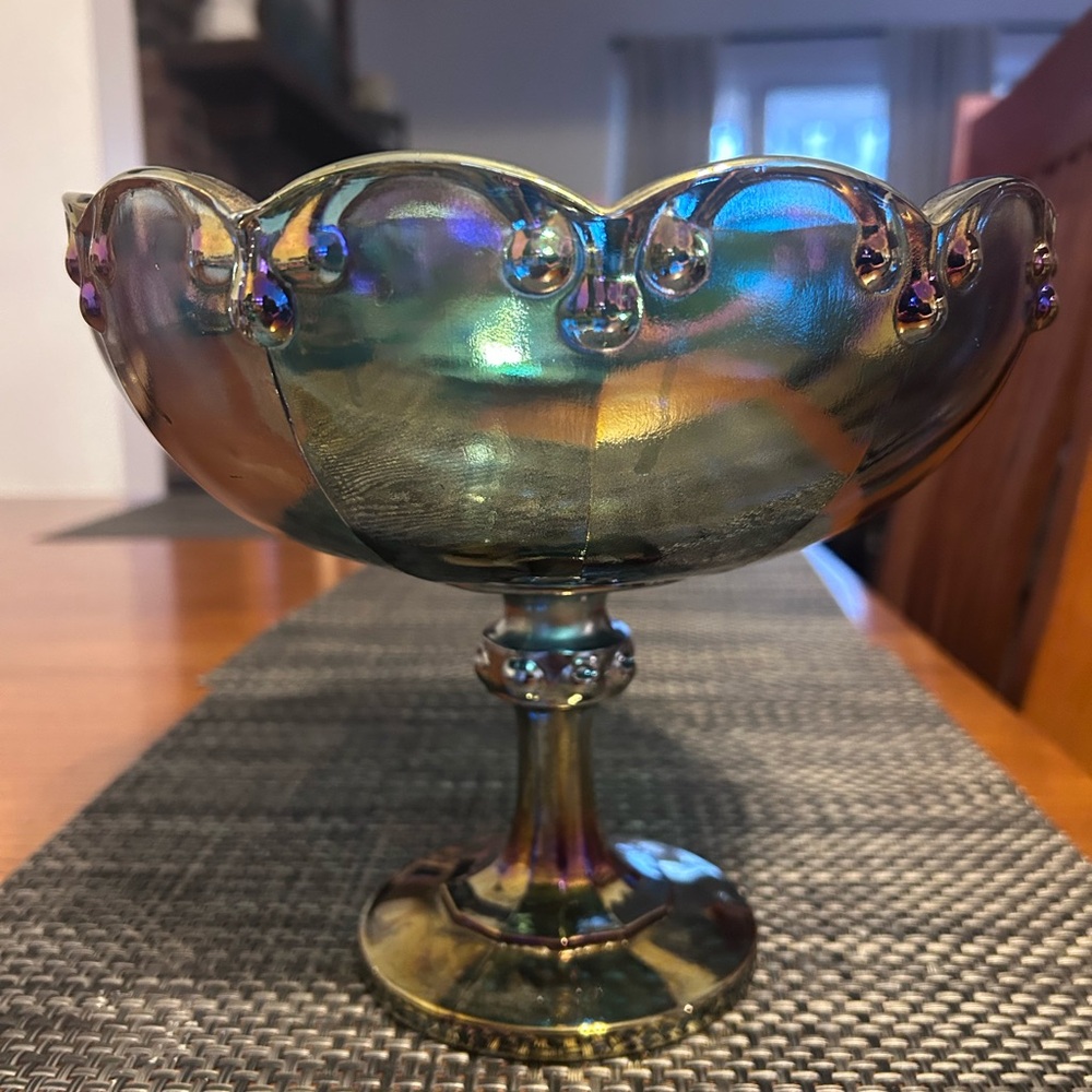 Vintage Indiana Glass Iridescent Amethyst Blue Gold Trim Compote Candy Dish